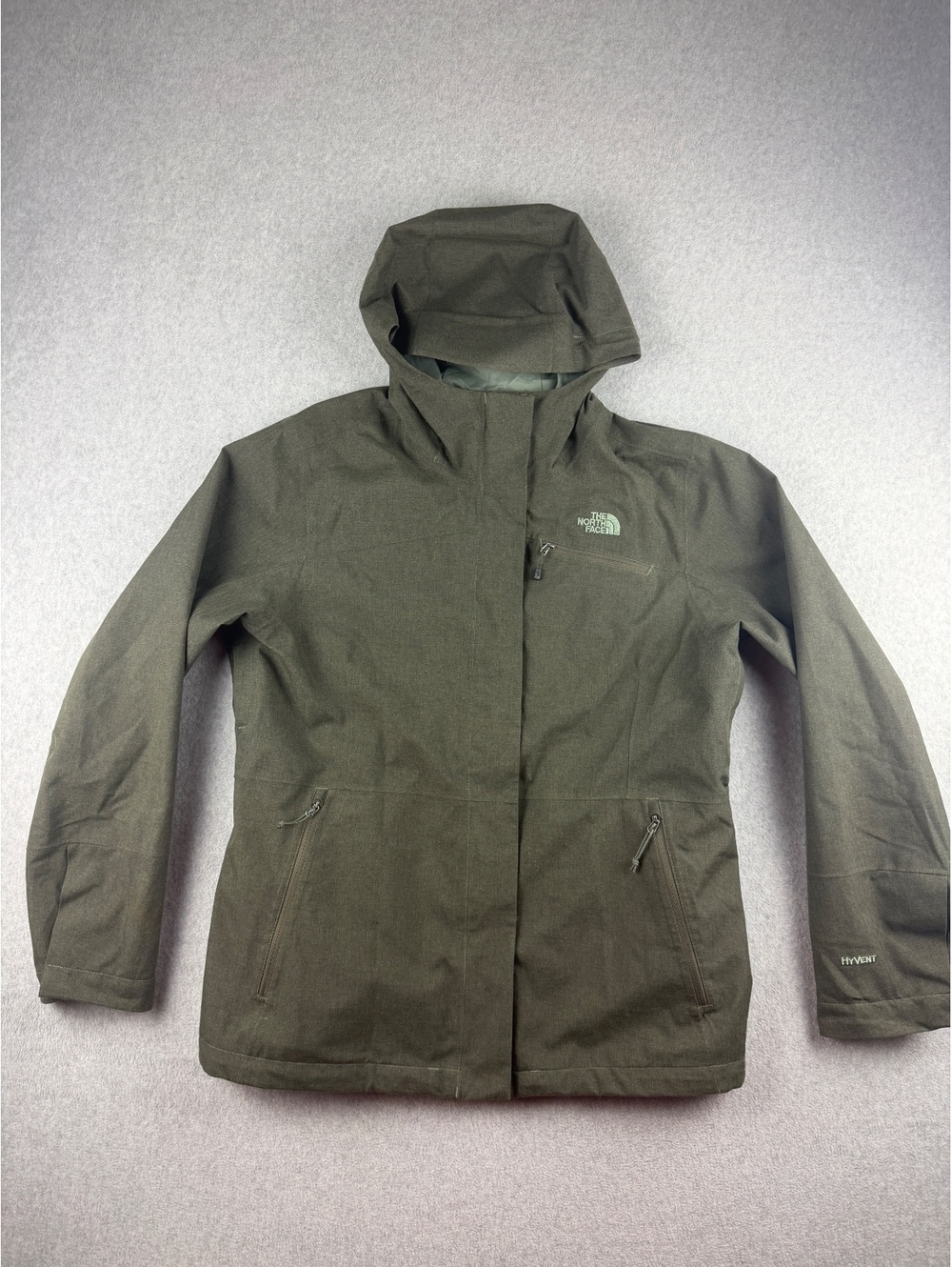 The North Face Womens XL HyVent Jacket Hooded Olive Green herringbone